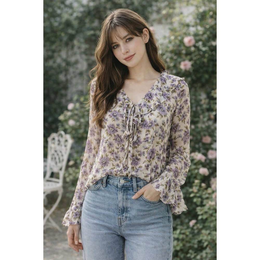 Vtg Express Top Womens S Multi Floral Chiffon Ruffle Cottagecore Boho Romantic